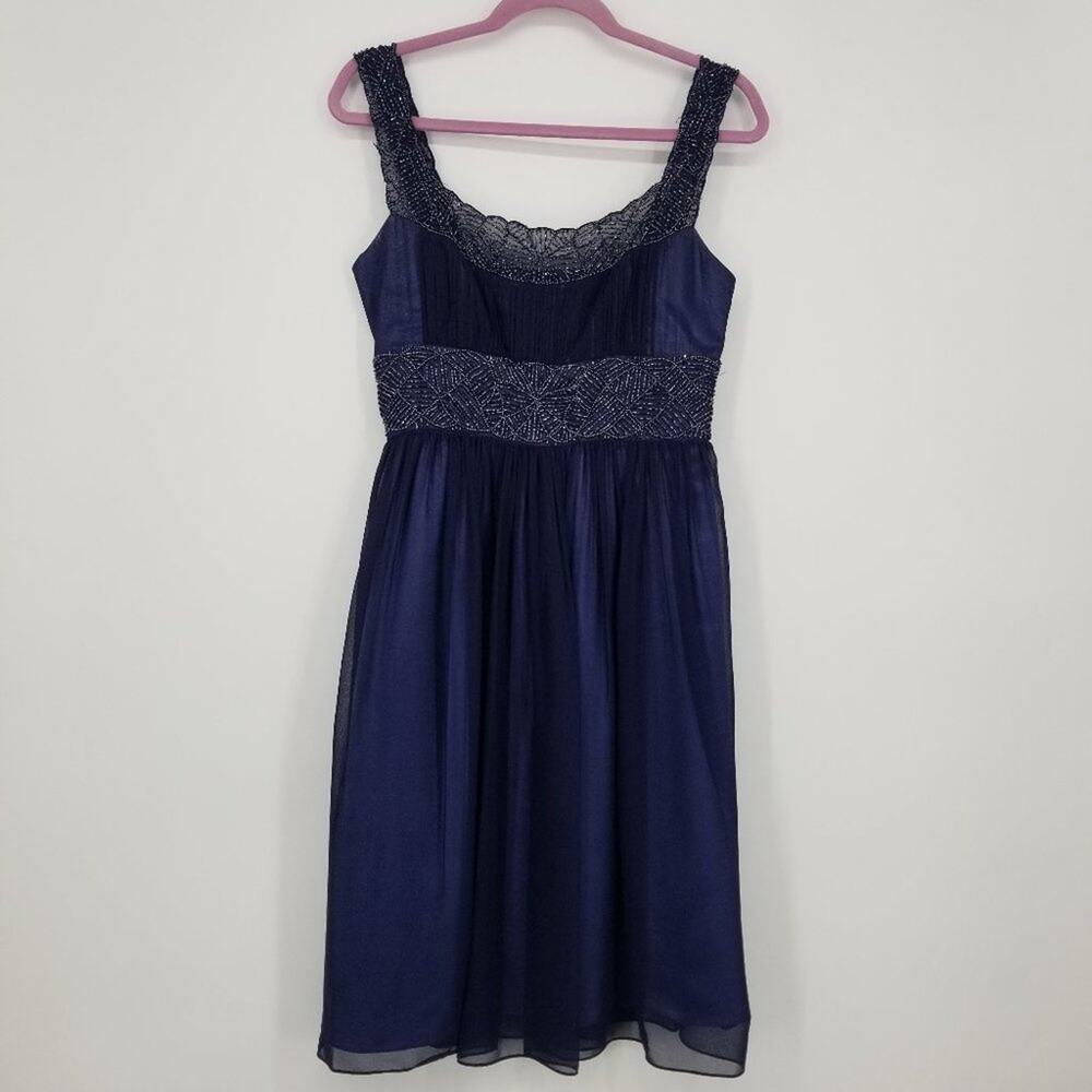Adrianna Papell Beaded Cocktail Dress 4 Sleeveless A Line FIt & Flare Navy Blue